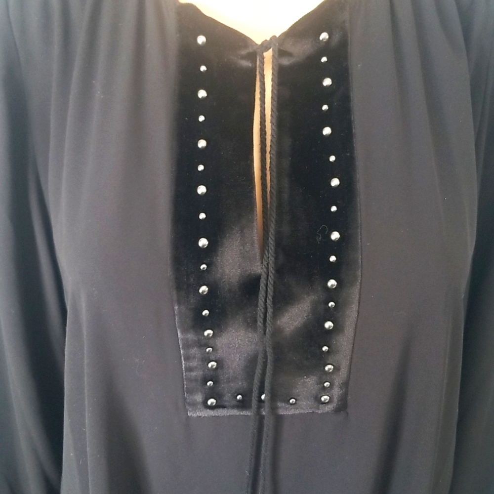 Vtg Whimsigoth Black Studded Peasant Blouse Velvet Trim Tassel Keyhole Top L - Picture 8 of 16